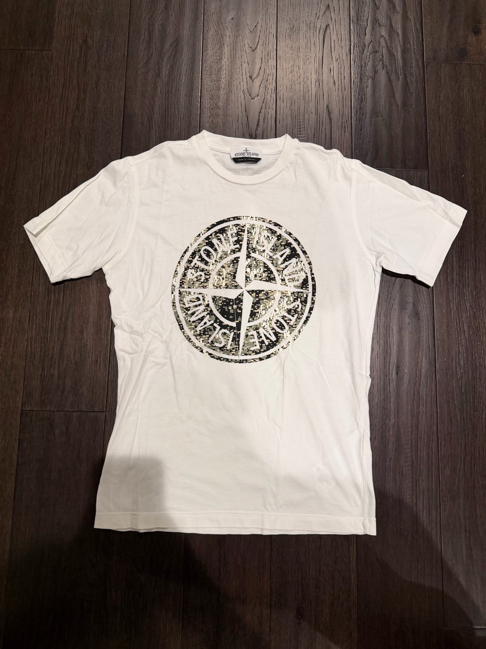 Stone Island White Crewneck Tee with Distressed Logo
